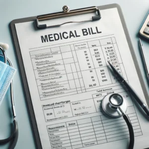 A detailed medical bill on a clipboard placed on a light blue desk. The bill includes itemized charges for medical services, dates, and a total amount