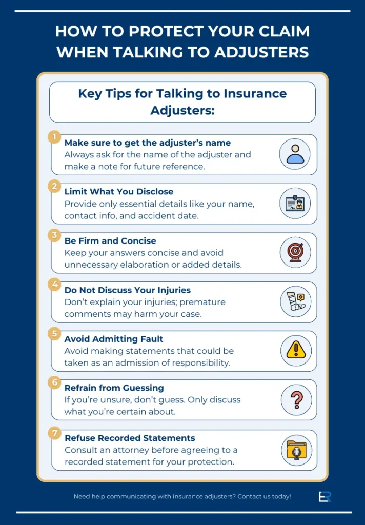 Infographic listing tips for clients when speaking to insurance adjusters