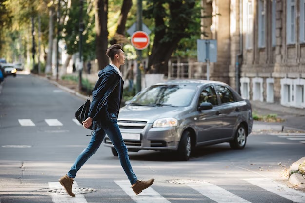 pedestrian crossing the street as a car is turning into the same street